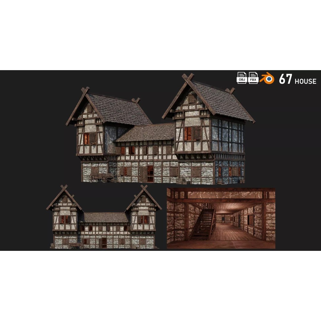 Old Medieval Building 3D Model – Game Ready Low-Poly Asset, FBX, OBJ - View 2