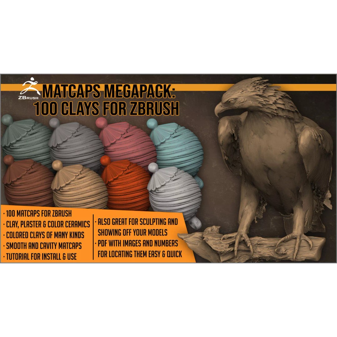 Matcaps Megapack 3D Model – 100 Clays for ZBrush Texturing - View 2
