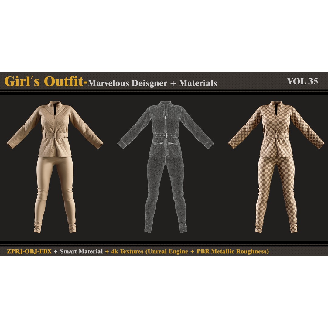 Girls Outfit 3D Model – Fashion Dress and Jacket, FBX, OBJ