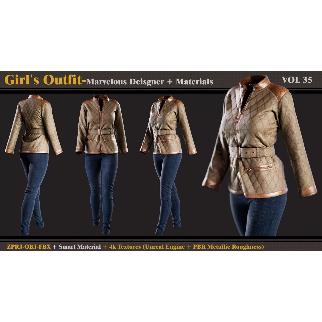 Girls Outfit 3D Model – Fashion Dress and Jacket, FBX, OBJ - View 2