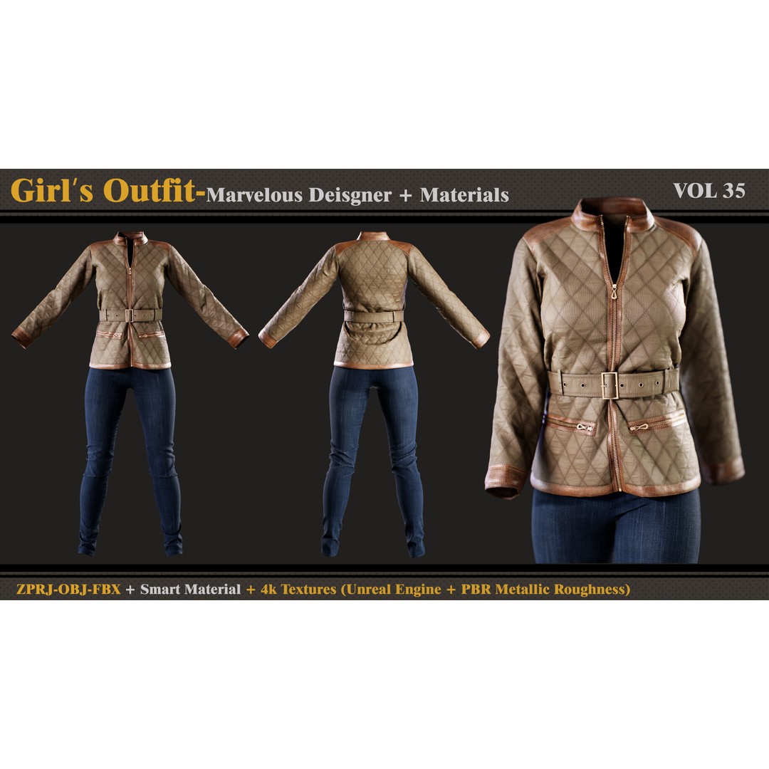 Girls Outfit 3D Model – Fashion Dress and Jacket, FBX, OBJ - View 3