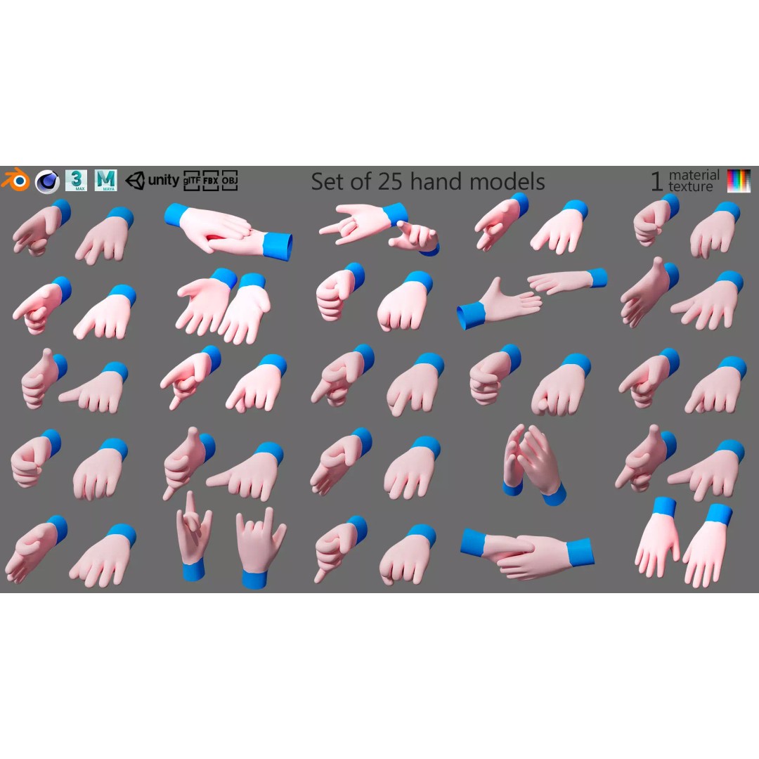 Cartoon Hands 3D Model – Low Poly Hand Poses for Games, FBX - View 2