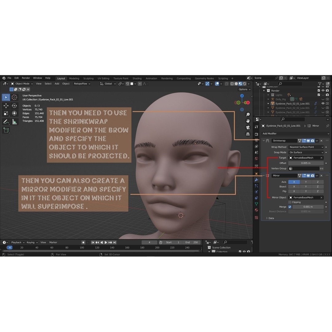 Eyebrow Pack 3D Model – Low Poly Hair Grooming Asset, FBX & Blender - View 13
