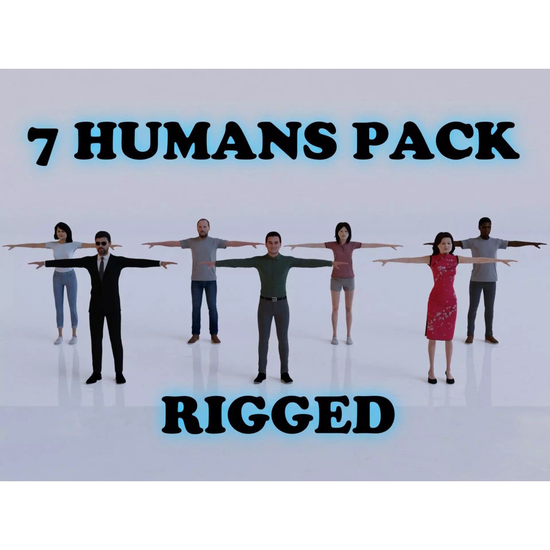 Pack of 7 Rigged Human 3D Models – Low Poly T-Pose Characters, FBX, OBJ - View 2