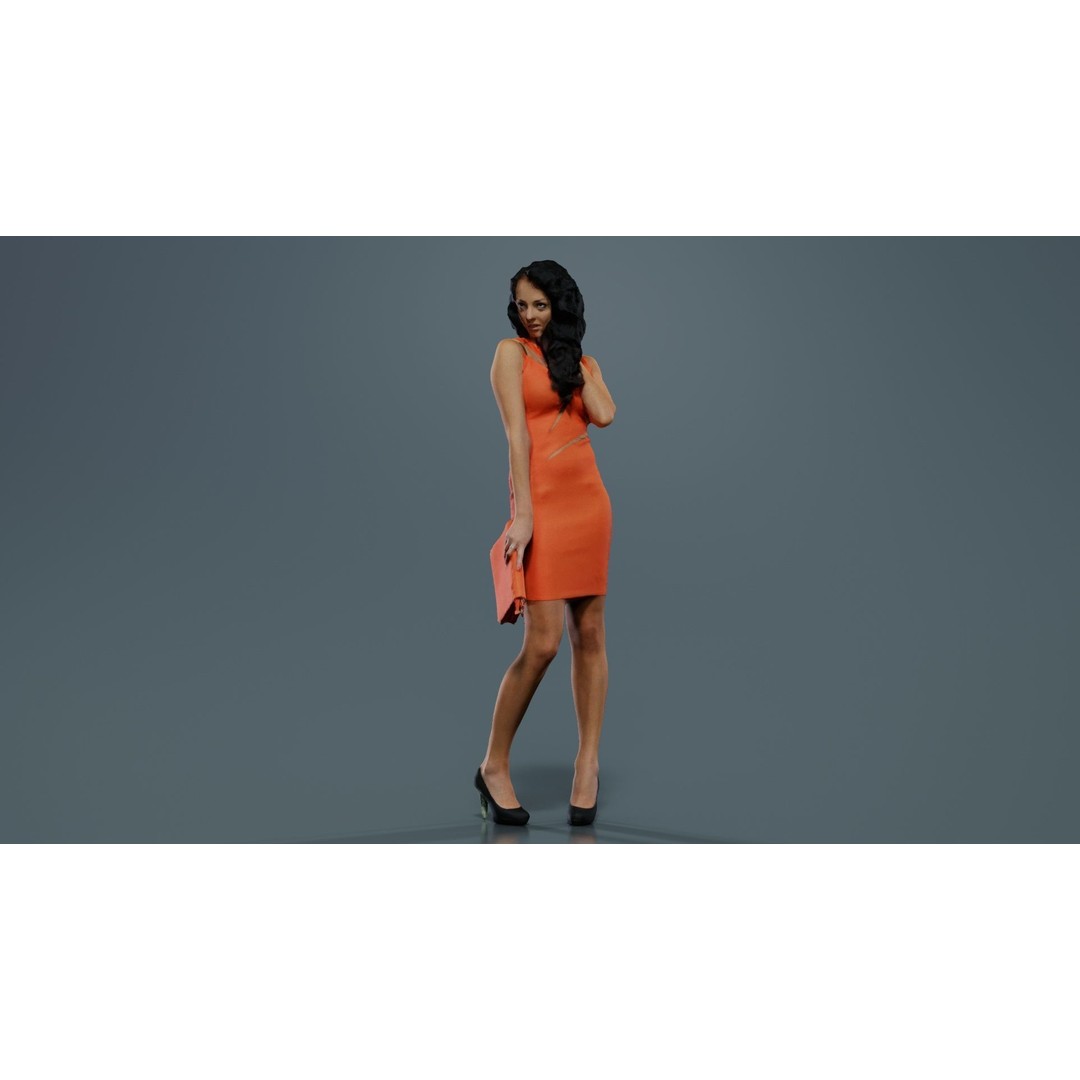 Woman in Orange Dress 3D Model – Low Poly Character, FBX, Blender - View 7