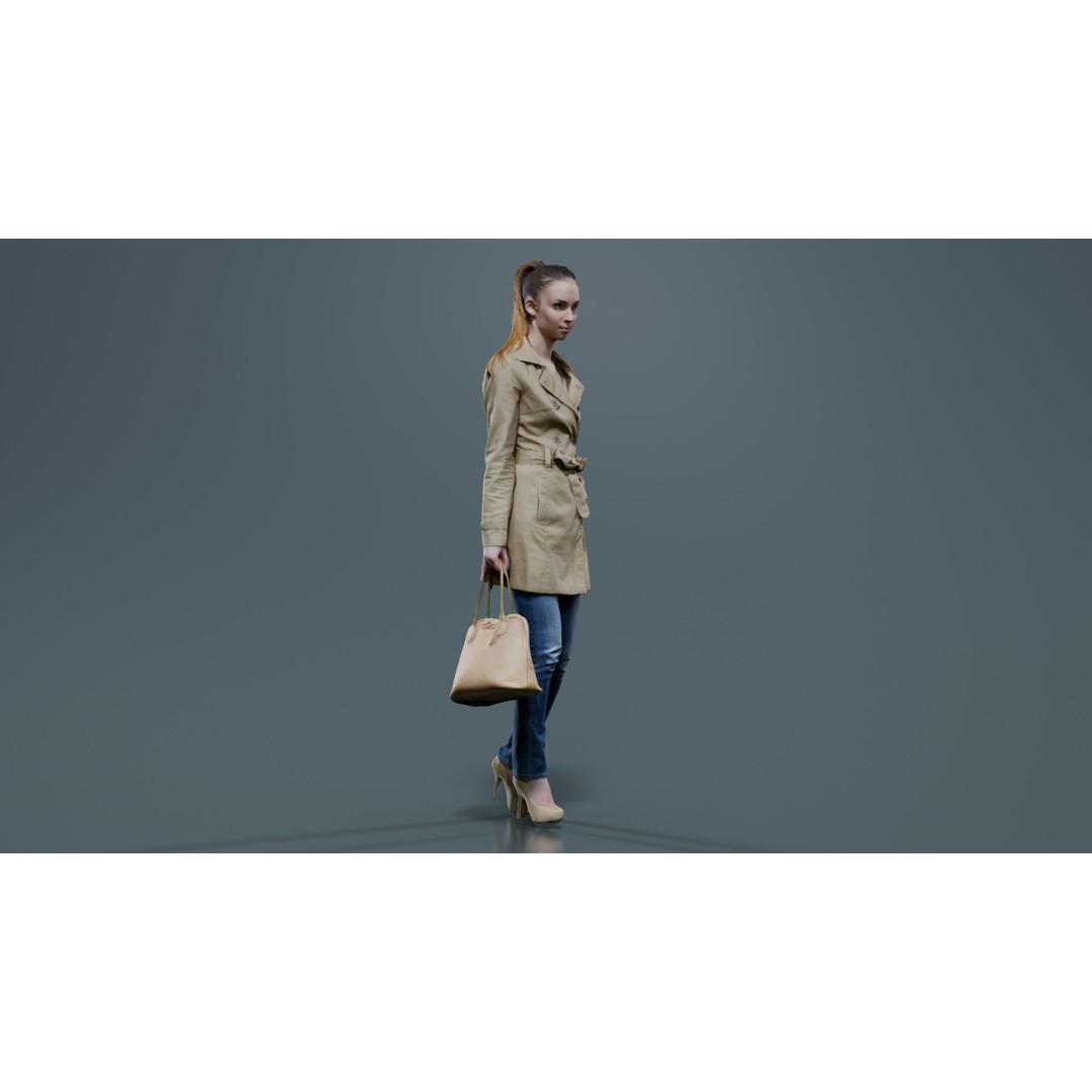 Woman in Coat 3D Model – Low Poly Character with Bag, Game Ready - View 3