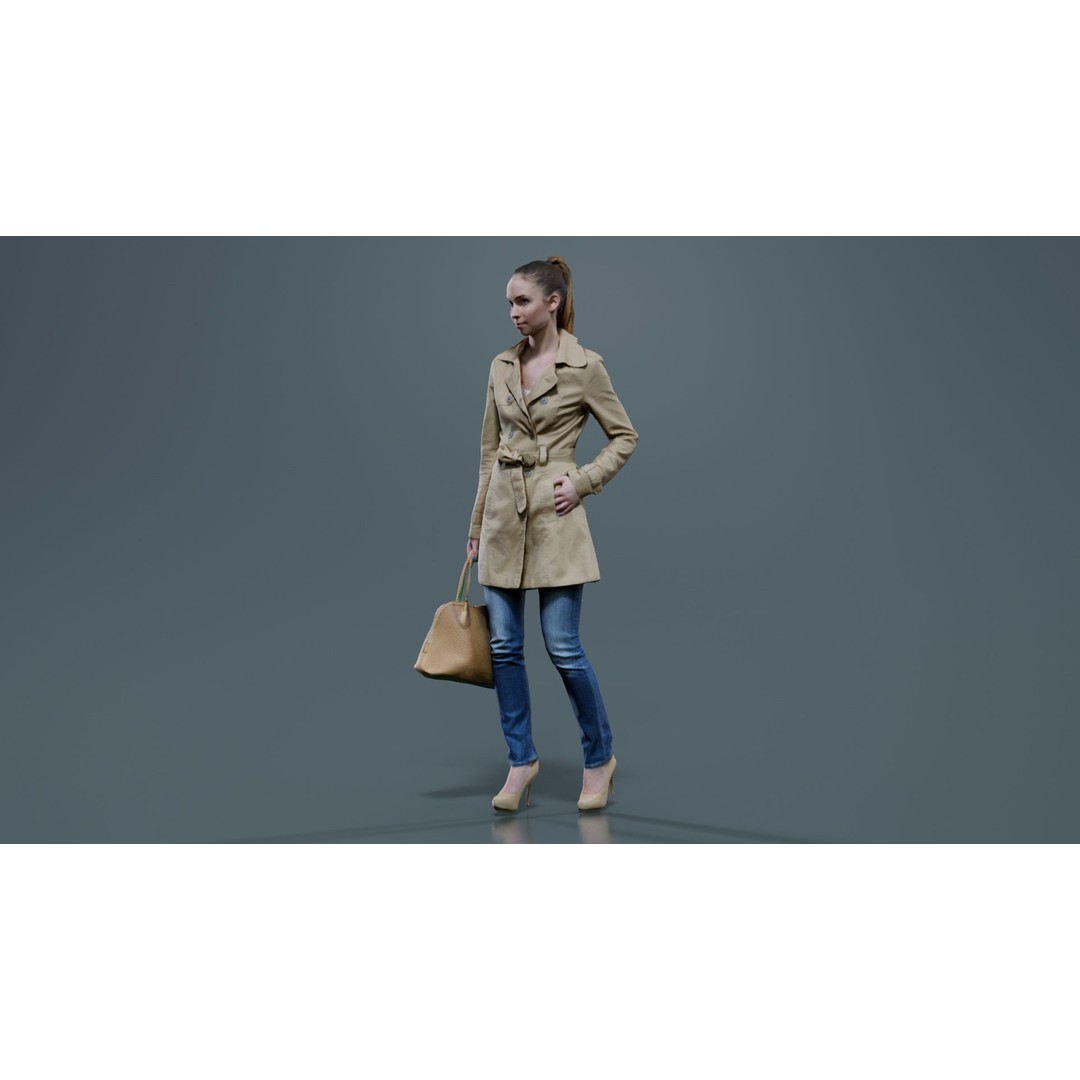 Woman in Coat 3D Model – Low Poly Character with Bag, Game Ready - View 4