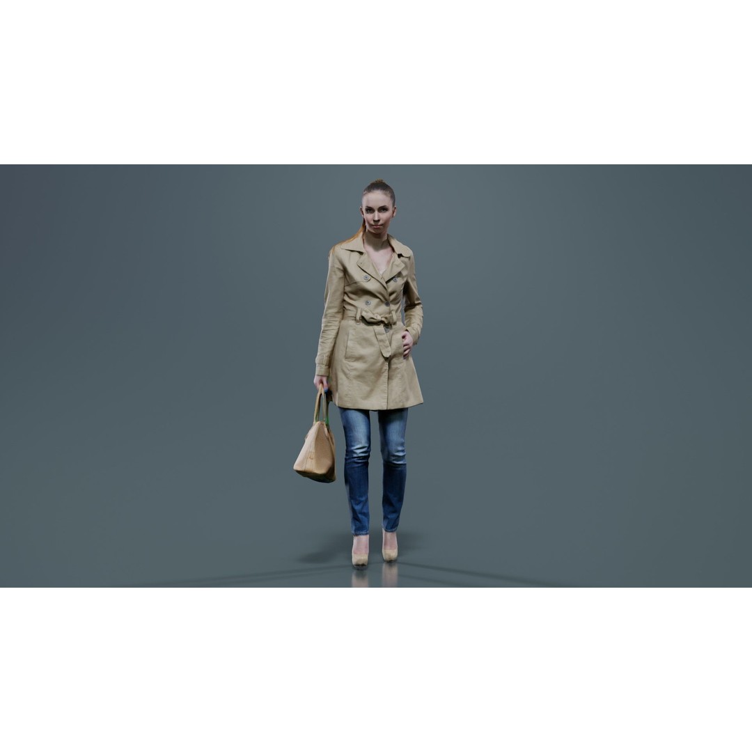 Woman in Coat 3D Model – Low Poly Character with Bag, Game Ready - View 5