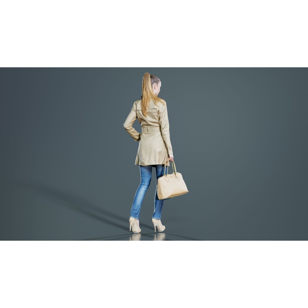 Woman in Coat 3D Model – Low Poly Character with Bag, Game Ready - View 7
