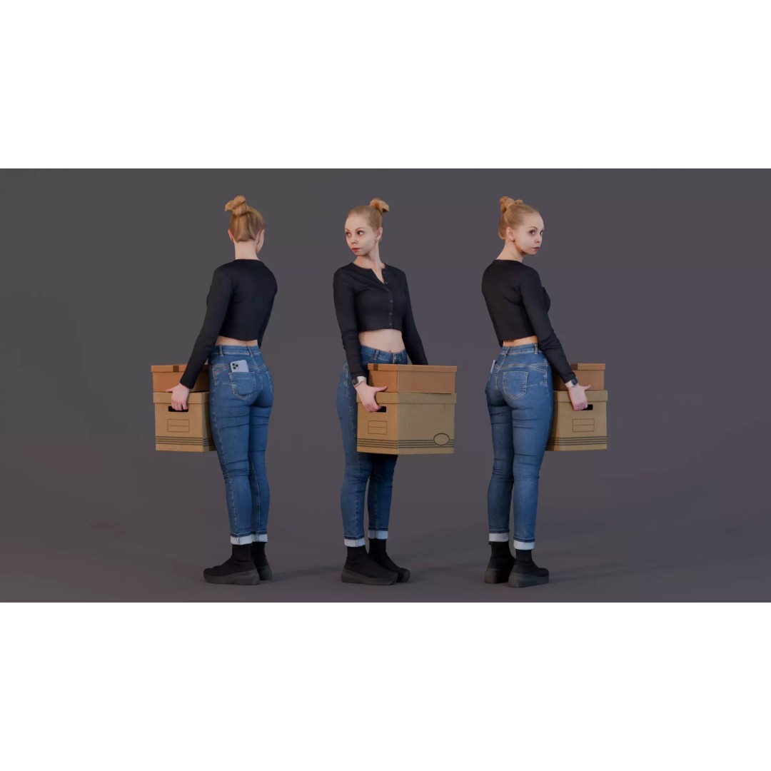 Office Casual Woman 3D Model – Stylish Character with Box, FBX