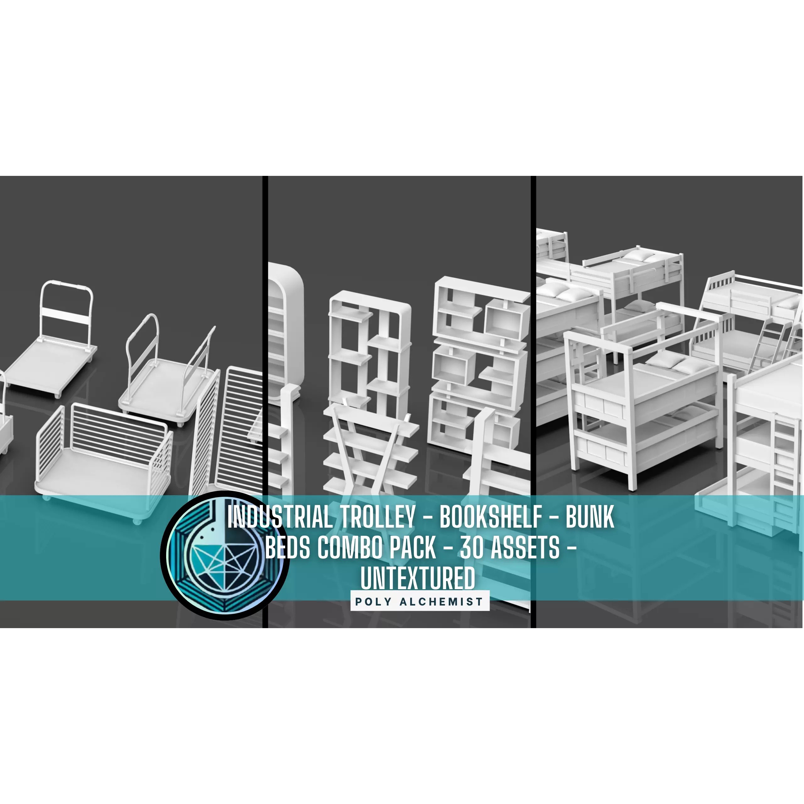 Bookshelf-Bunk Bed-Trolley Combo Pack - Low-Poly Game-Ready 3D Model - View 2