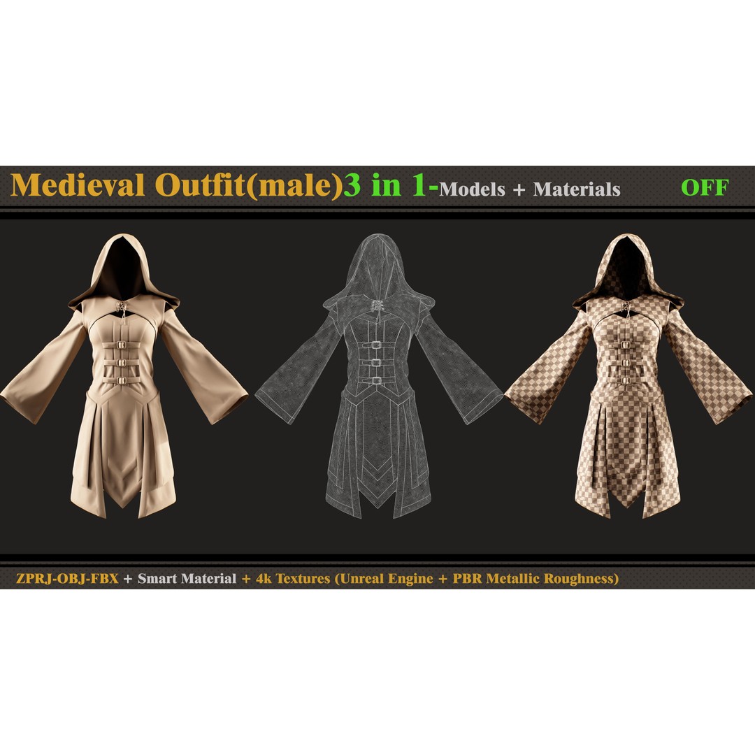 Medieval Outfit 3D Model – Fantasy Dress with PBR Textures, FBX & OBJ
