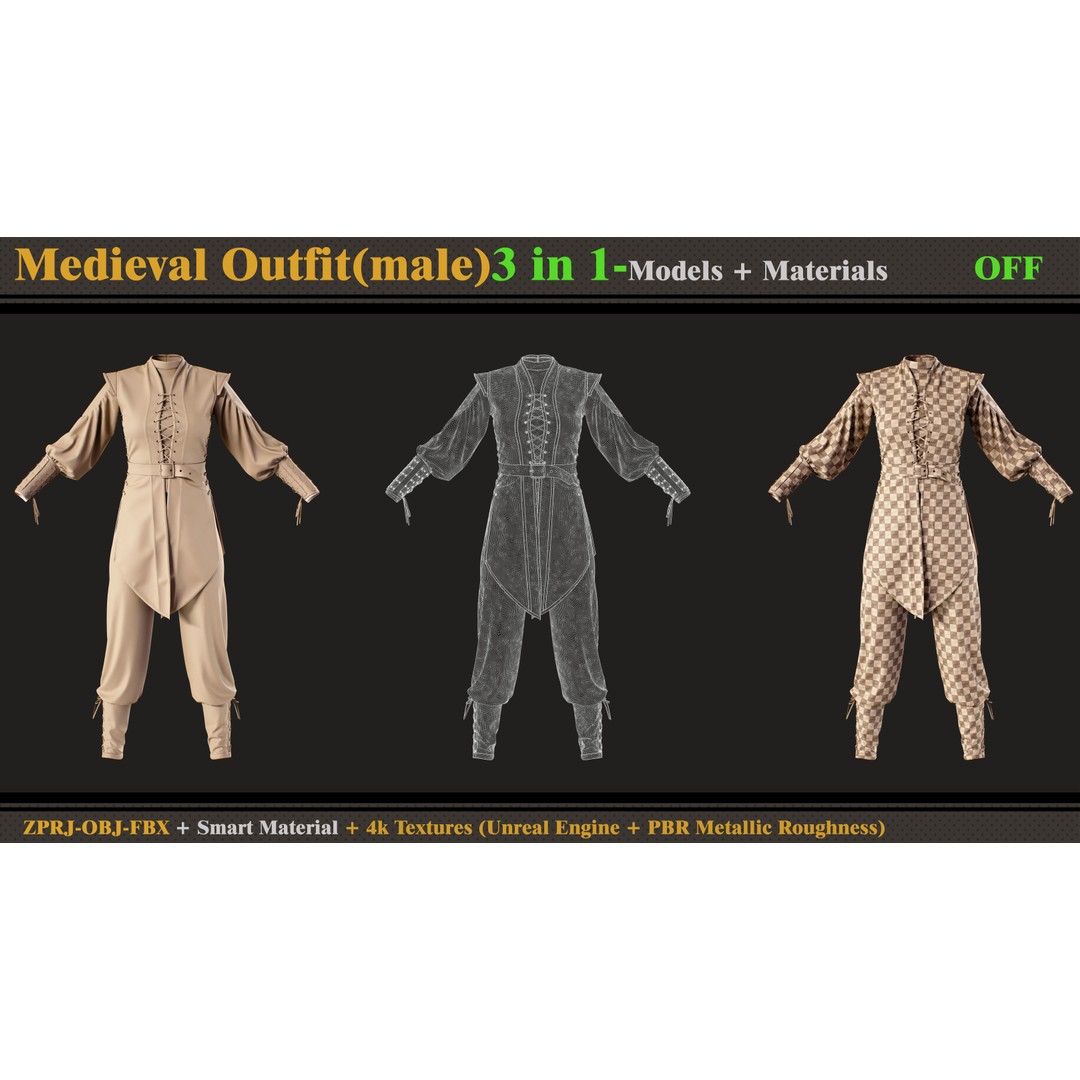 Medieval Outfit 3D Model – Fantasy Dress with PBR Textures, FBX & OBJ - View 10