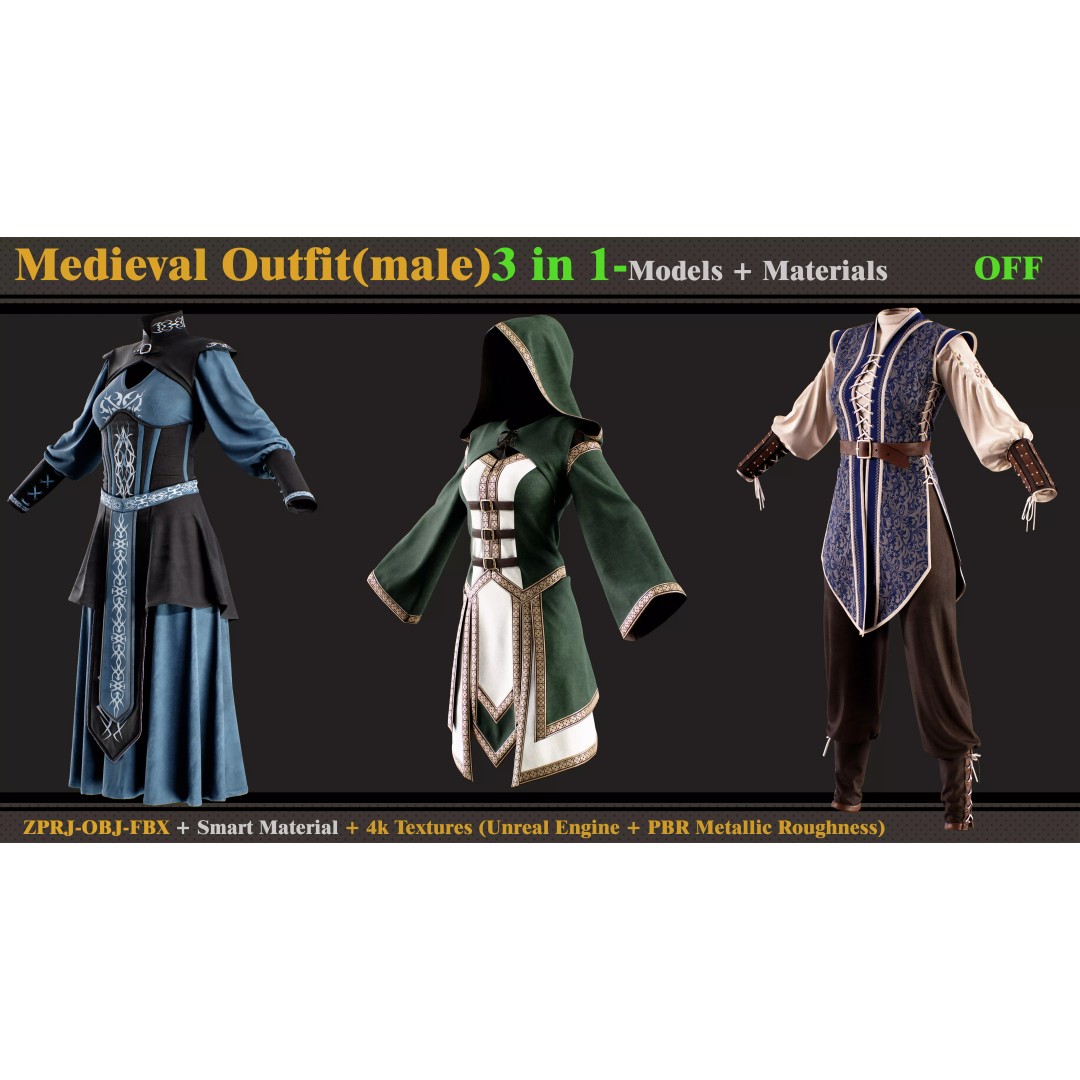 Medieval Outfit 3D Model – Fantasy Dress with PBR Textures, FBX & OBJ - View 2
