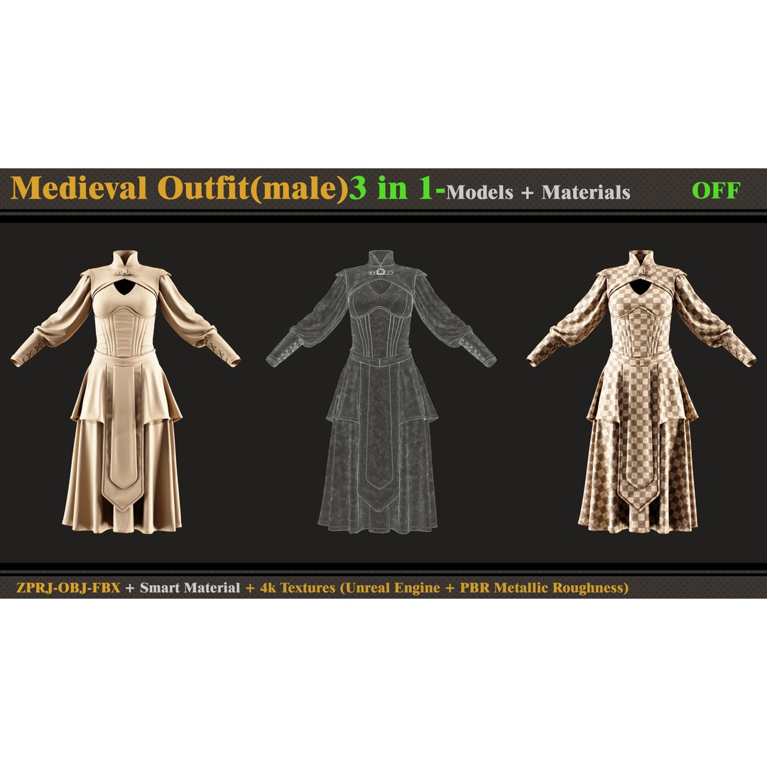 Medieval Outfit 3D Model – Fantasy Dress with PBR Textures, FBX & OBJ - View 3
