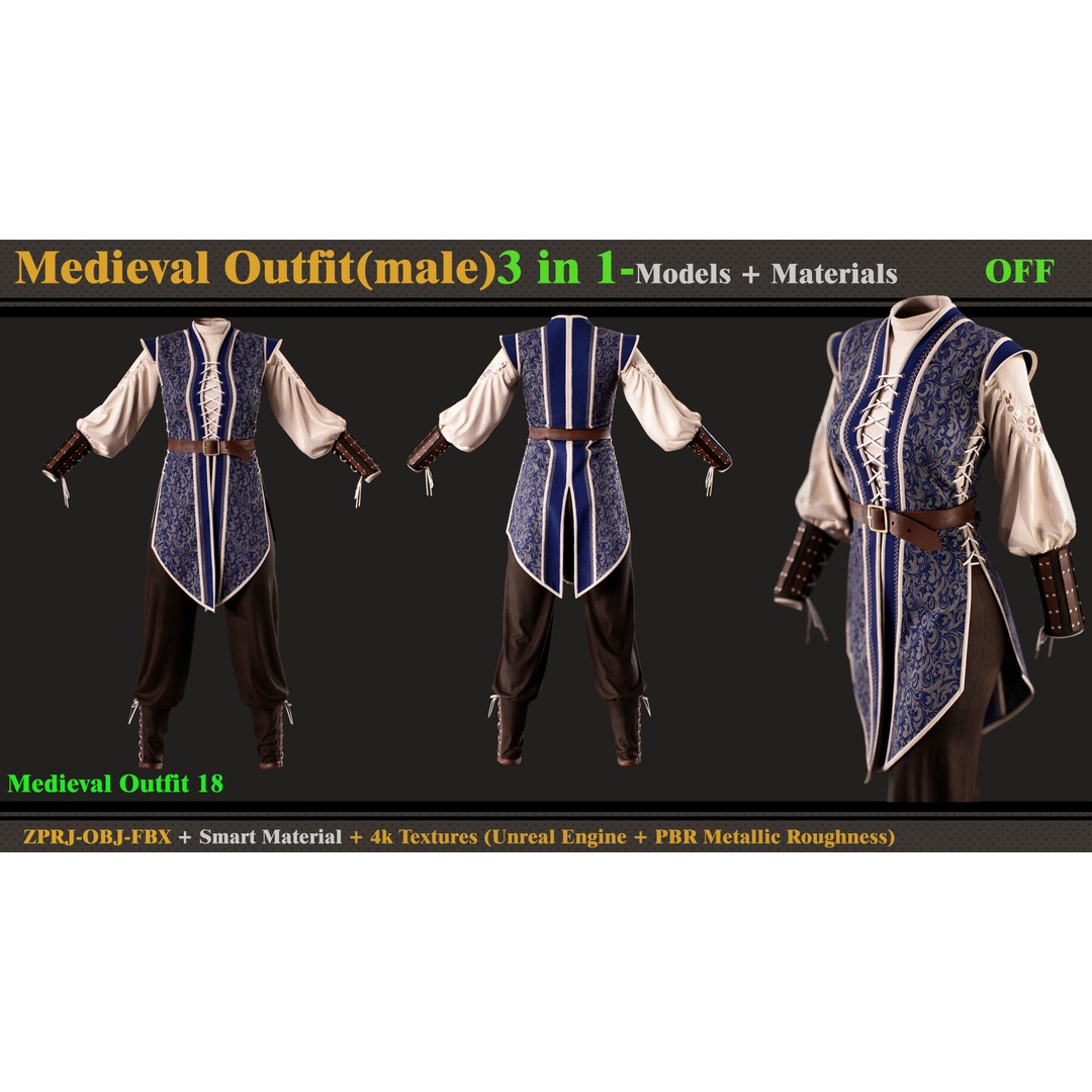 Medieval Outfit 3D Model – Fantasy Dress with PBR Textures, FBX & OBJ - View 4