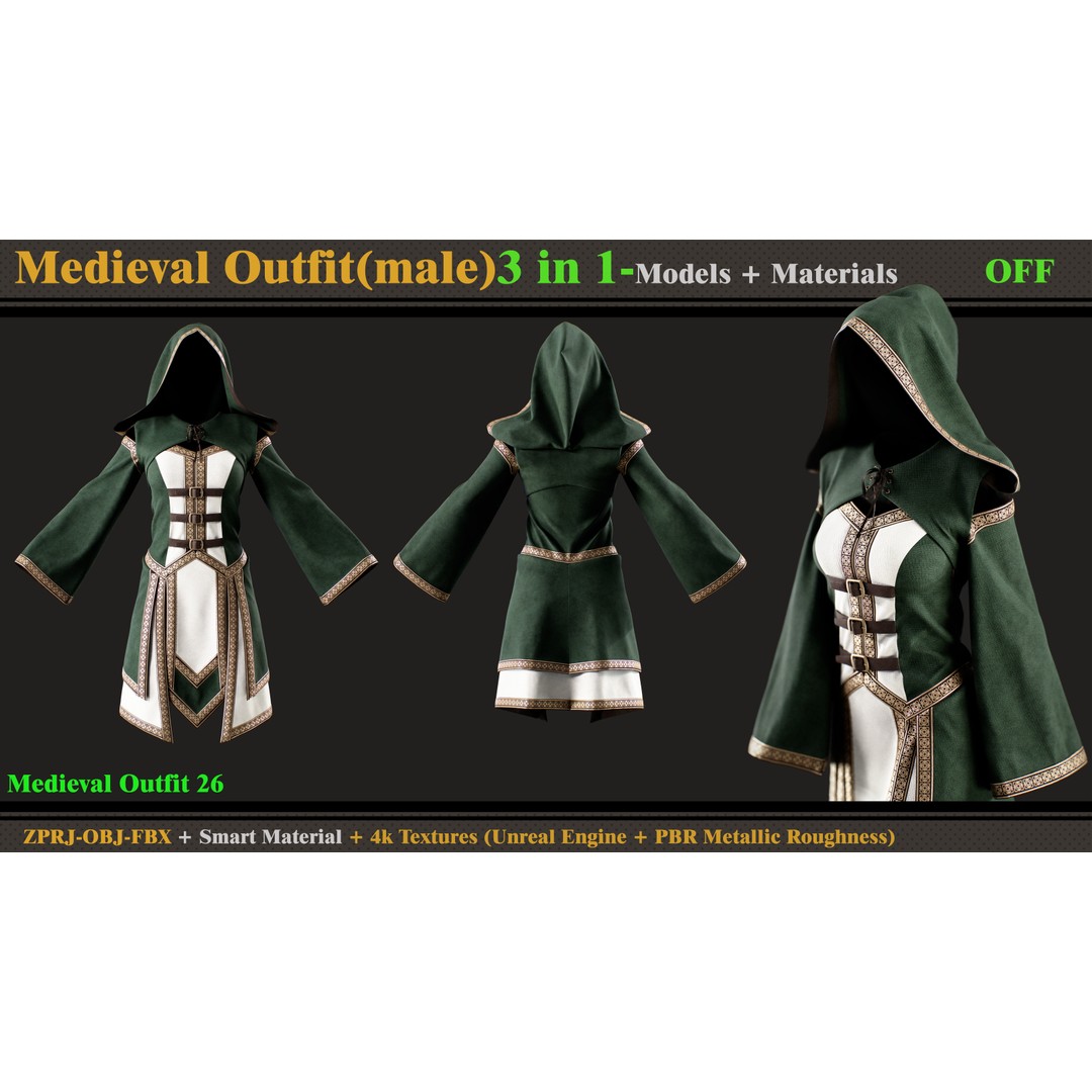 Medieval Outfit 3D Model – Fantasy Dress with PBR Textures, FBX & OBJ - View 5