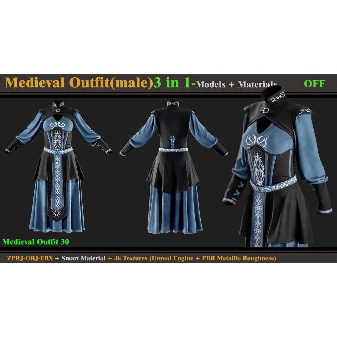 Medieval Outfit 3D Model – Fantasy Dress with PBR Textures, FBX & OBJ - View 6