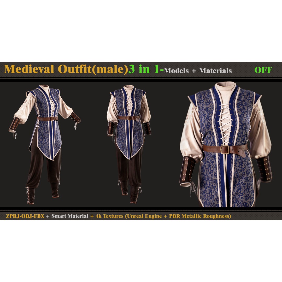 Medieval Outfit 3D Model – Fantasy Dress with PBR Textures, FBX & OBJ - View 7