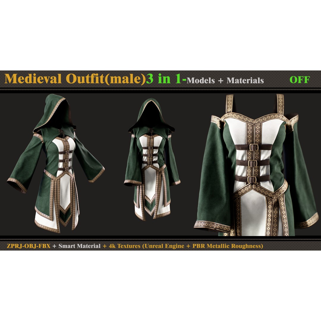 Medieval Outfit 3D Model – Fantasy Dress with PBR Textures, FBX & OBJ - View 8