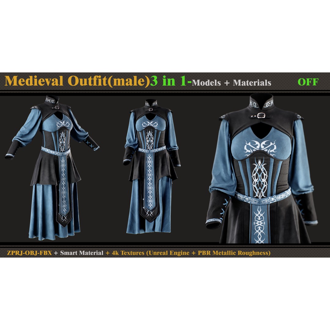 Medieval Outfit 3D Model – Fantasy Dress with PBR Textures, FBX & OBJ - View 9