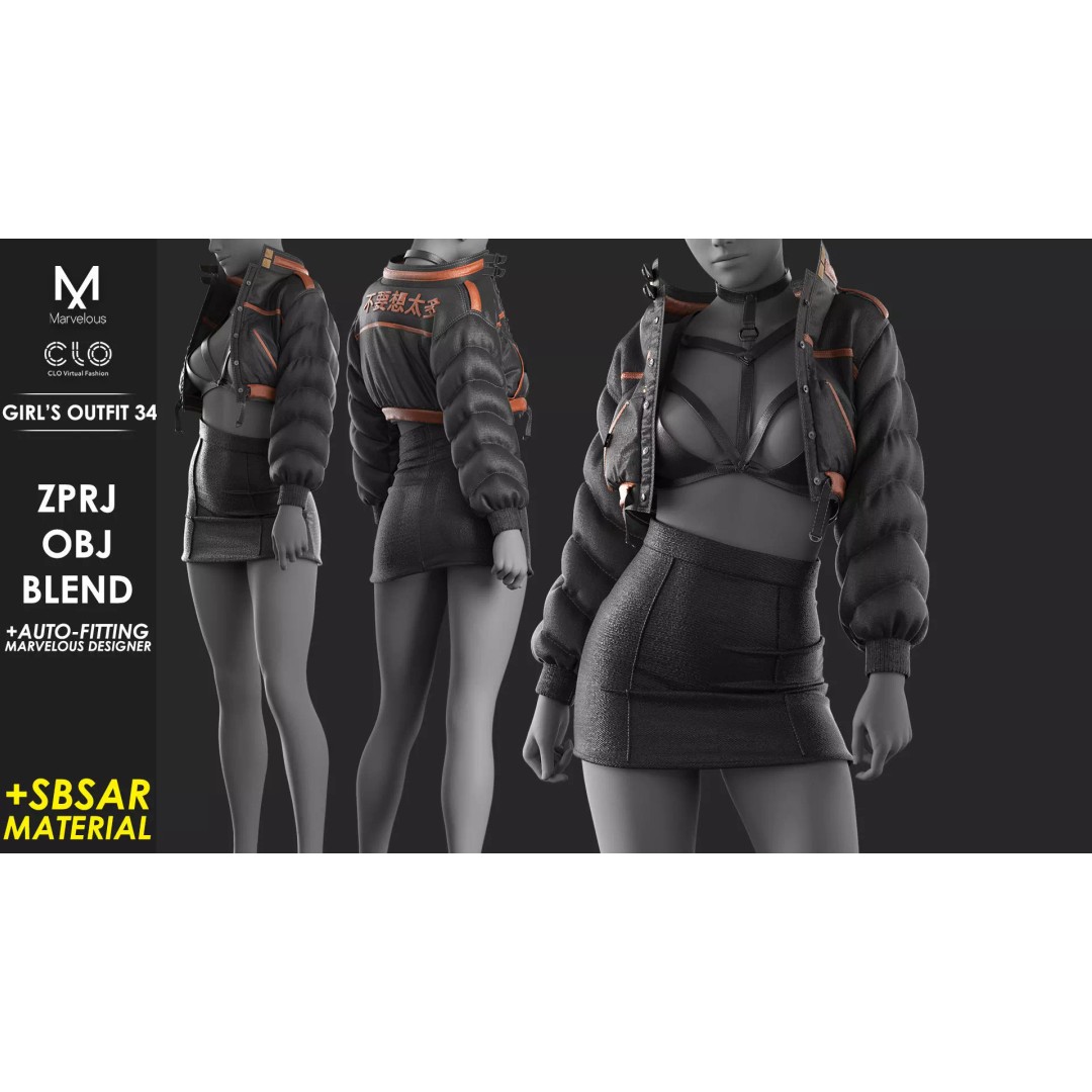 Girls Outfit 3D Model – Marvelous Designer Clothing, PBR Textures - View 2