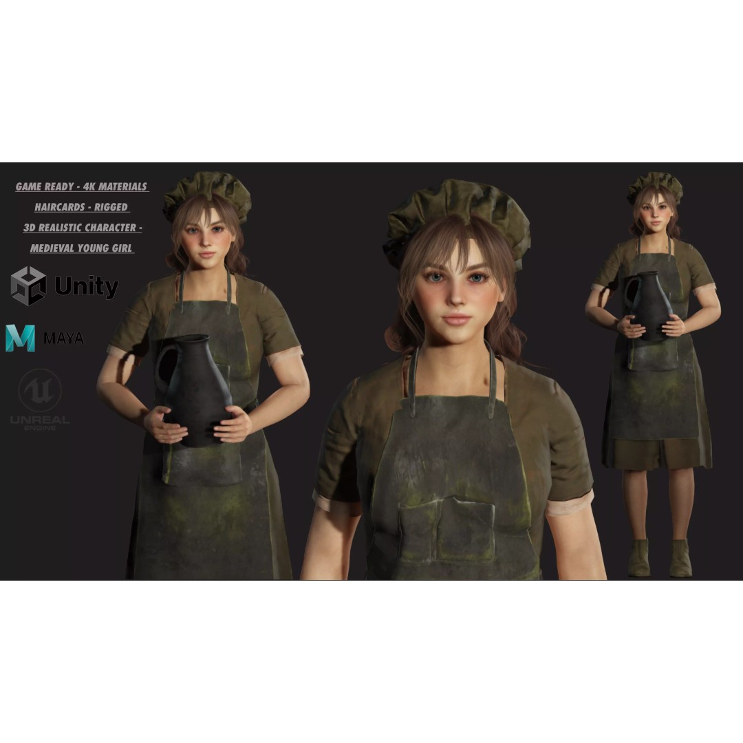 Young Beautiful Girl 3D Model – Low Poly Game-Ready Character, FBX - View 2