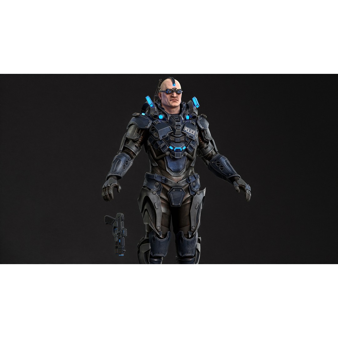 Cyborg Cop 3D Model – Low Poly Game Asset, FBX, Animated - View 11