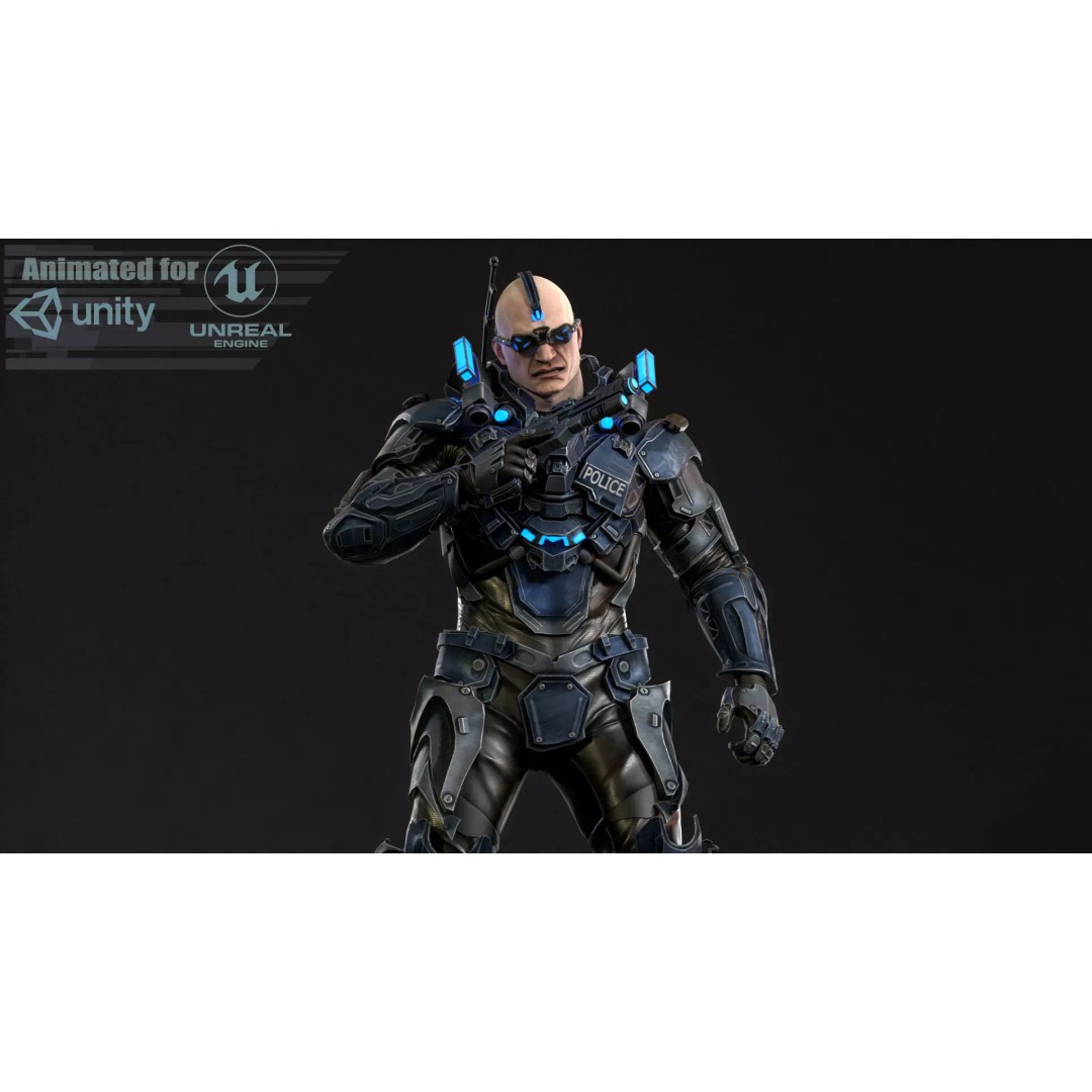 Cyborg Cop 3D Model – Low Poly Game Asset, FBX, Animated - View 2