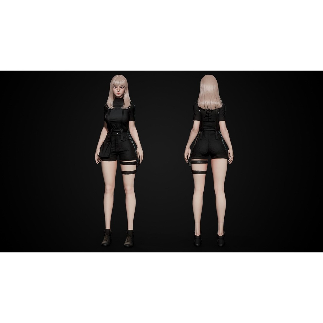 Techwear Girl 3D Model – Game Ready Low-Poly Rigged Character, FBX - View 10