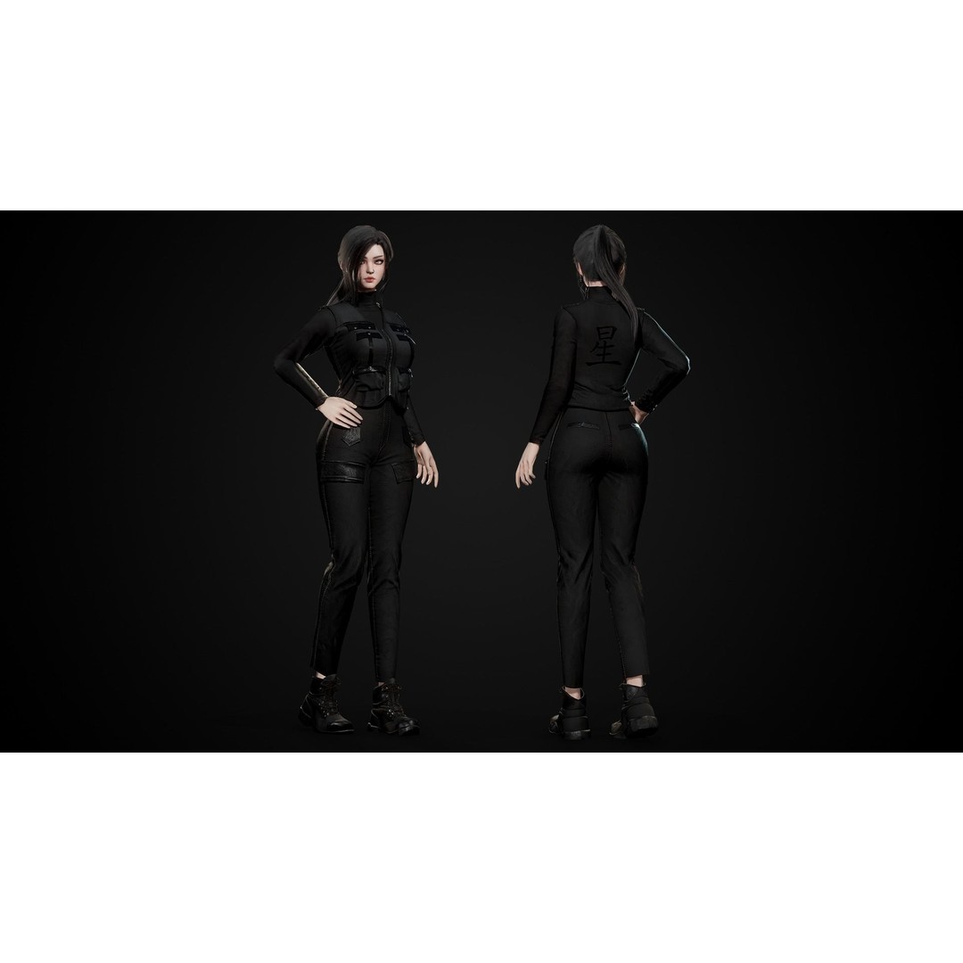 Techwear Girl 3D Model – Game Ready Low-Poly Rigged Character, FBX - View 11