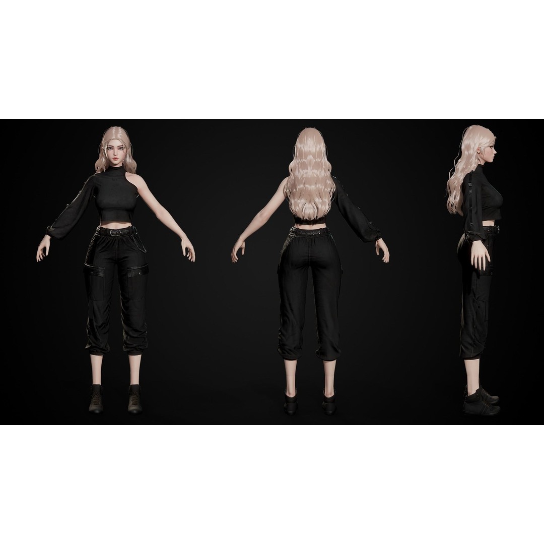 Techwear Girl 3D Model – Game Ready Low-Poly Rigged Character, FBX - View 15