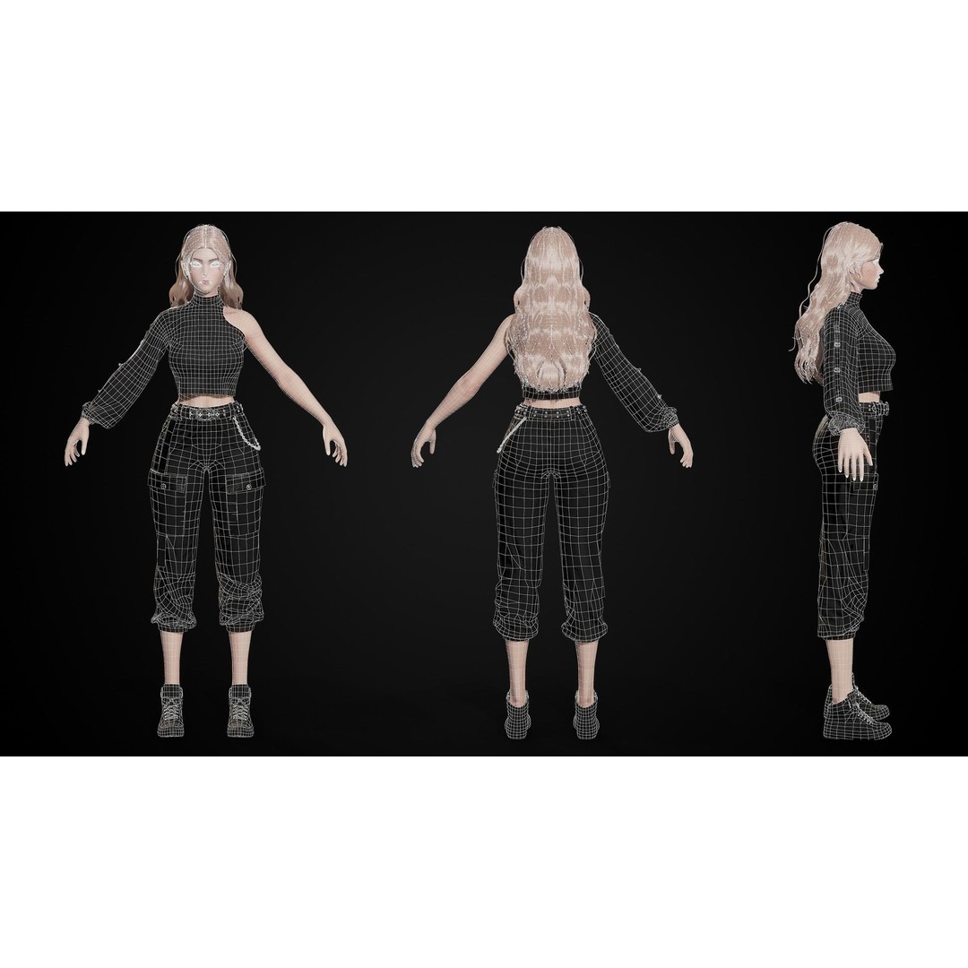Techwear Girl 3D Model – Game Ready Low-Poly Rigged Character, FBX - View 16