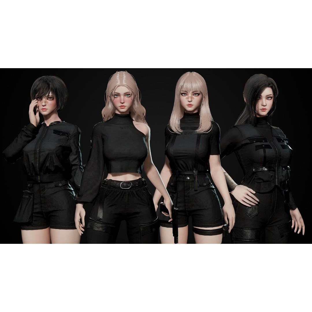 Techwear Girl 3D Model – Game Ready Low-Poly Rigged Character, FBX - View 3