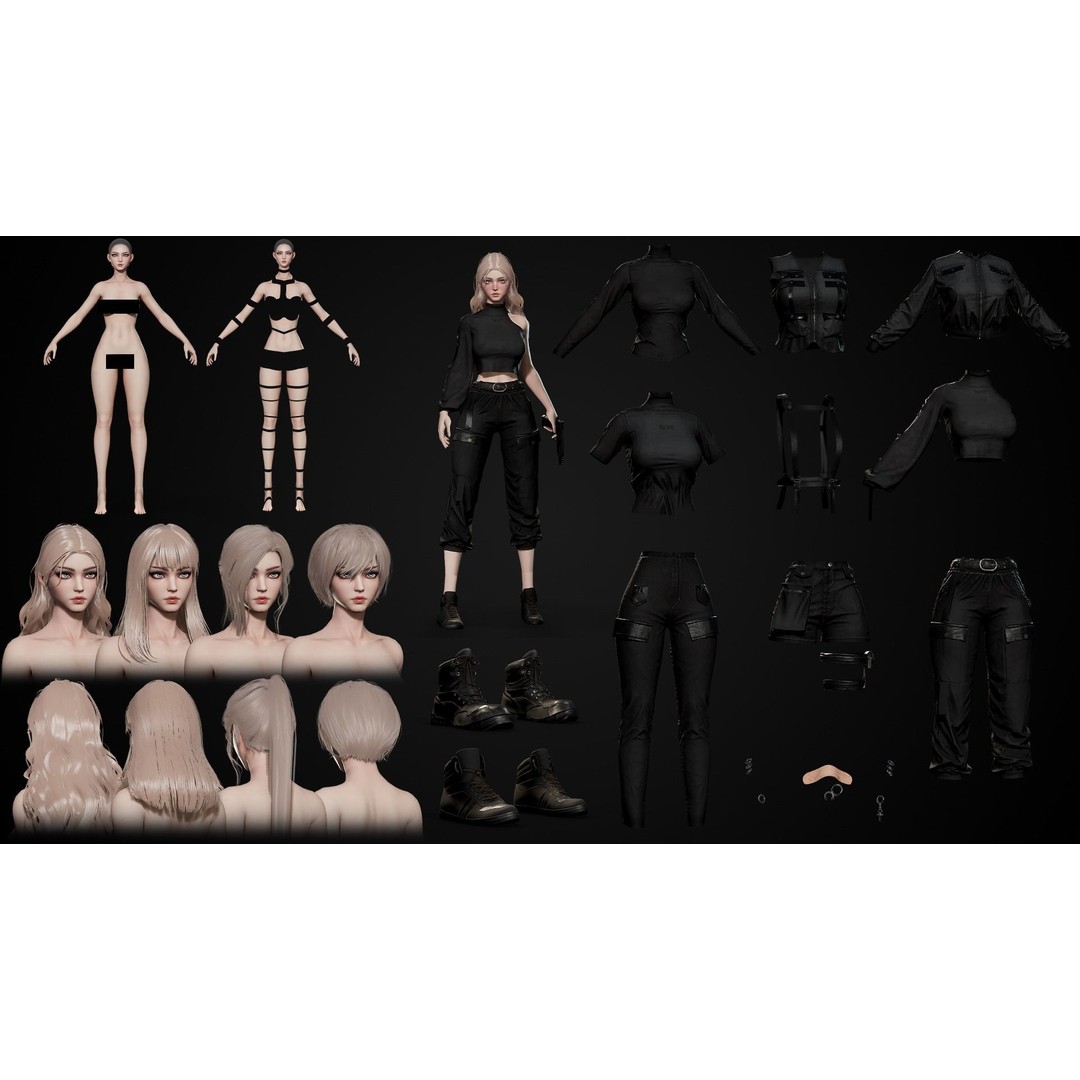 Techwear Girl 3D Model – Game Ready Low-Poly Rigged Character, FBX - View 4