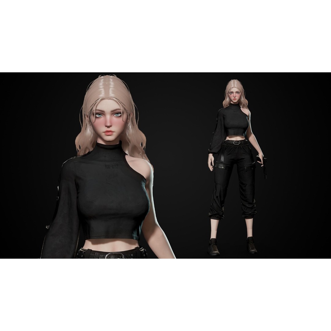 Techwear Girl 3D Model – Game Ready Low-Poly Rigged Character, FBX - View 5