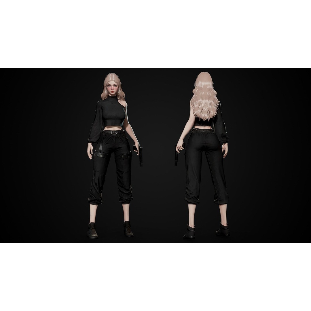 Techwear Girl 3D Model – Game Ready Low-Poly Rigged Character, FBX - View 9