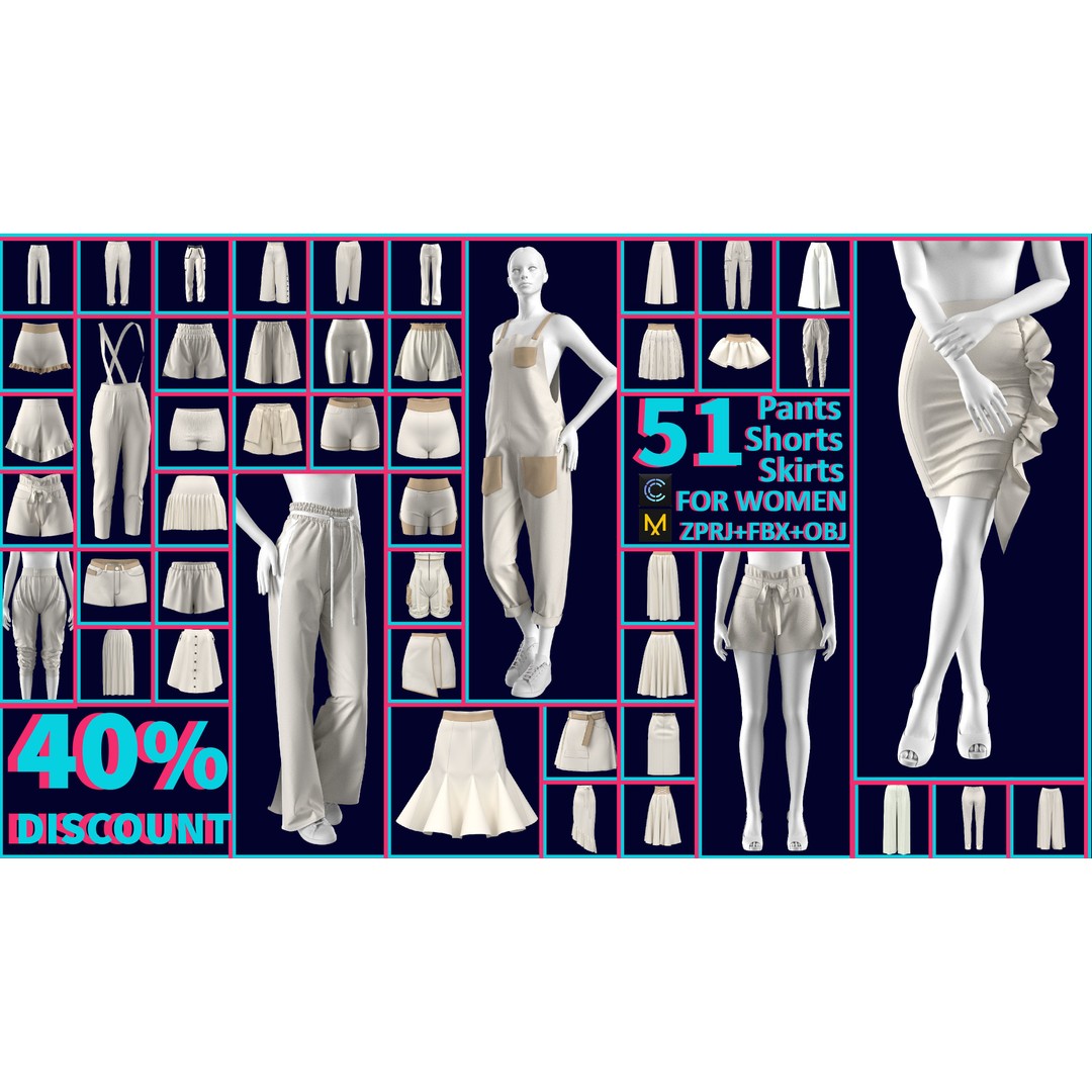 Women’s 3D Model – Low Poly Pants, Shorts & Skirts Collection, FBX & OBJ
