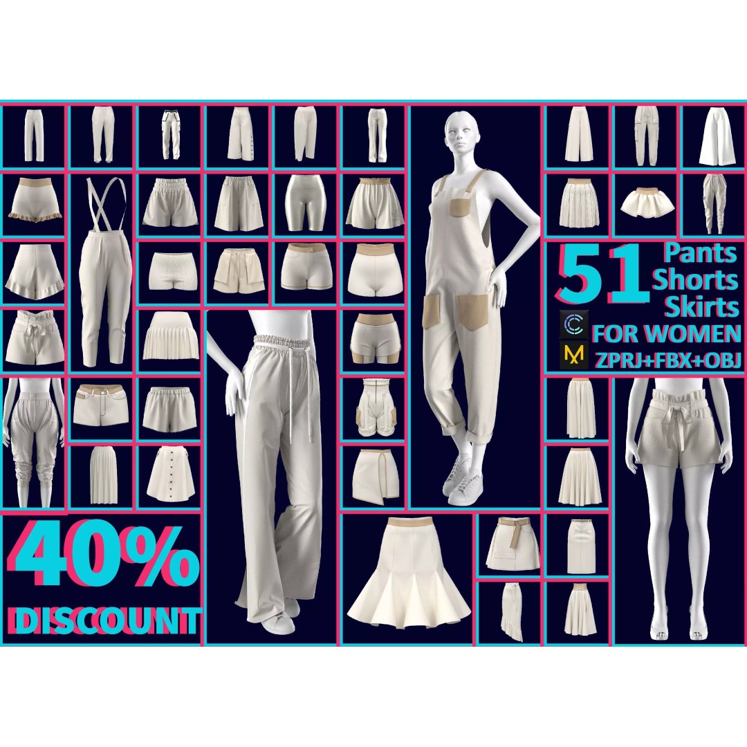 Women’s 3D Model – Low Poly Pants, Shorts & Skirts Collection, FBX & OBJ - View 2