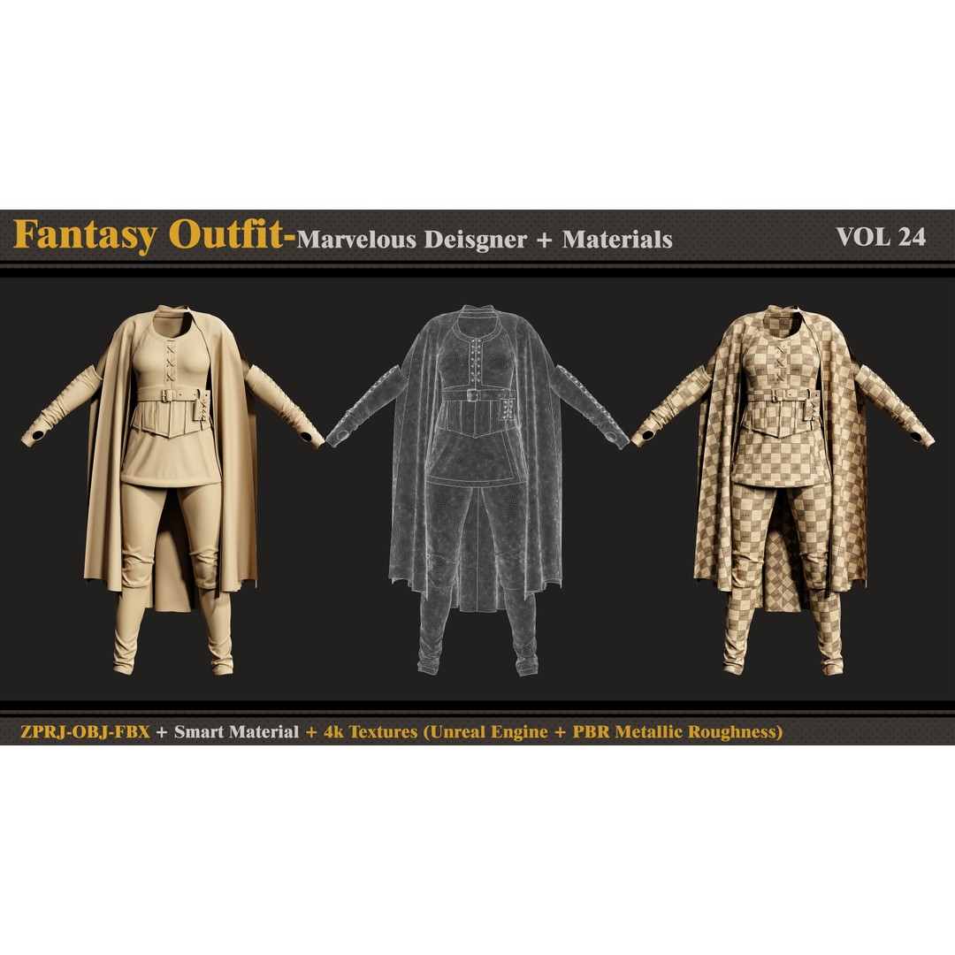 Fantasy Outfit 3D Model – Medieval Clothing Set, PBR Textures, FBX/OBJ