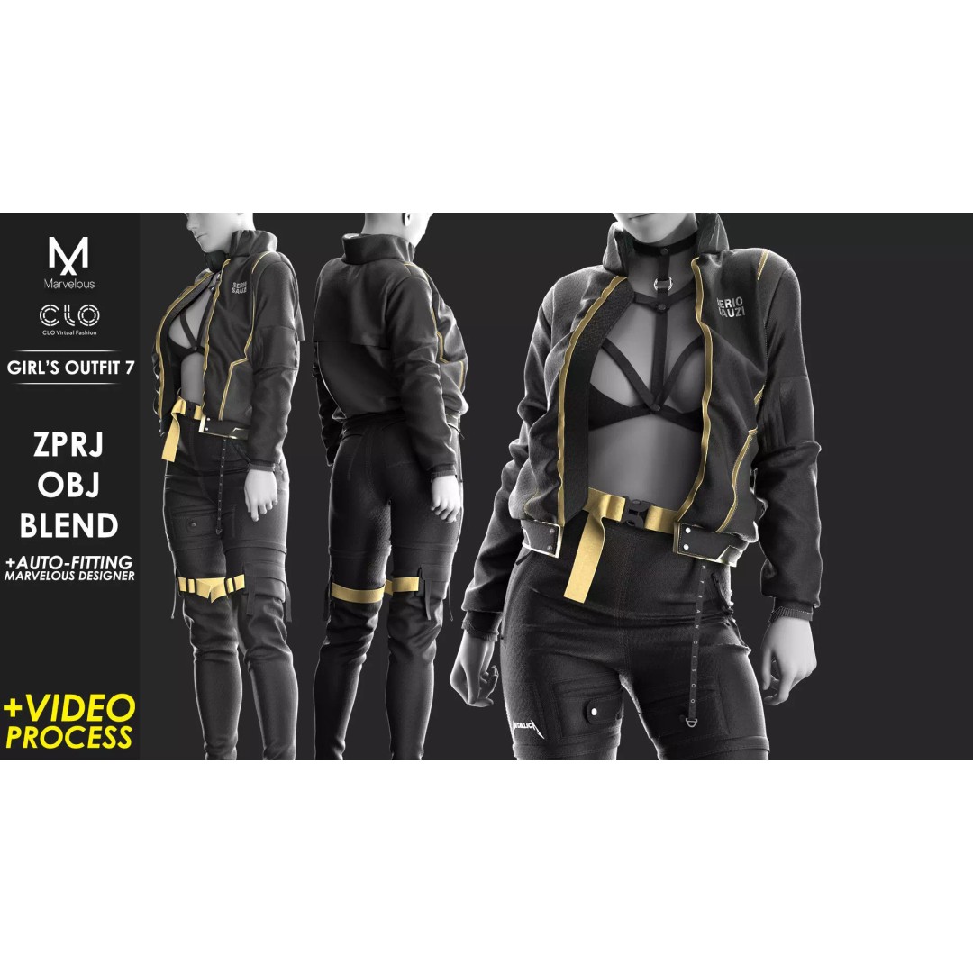 Girls Outfit 3D Model – Tactical Leather Jacket & Pants, FBX, PBR - View 2