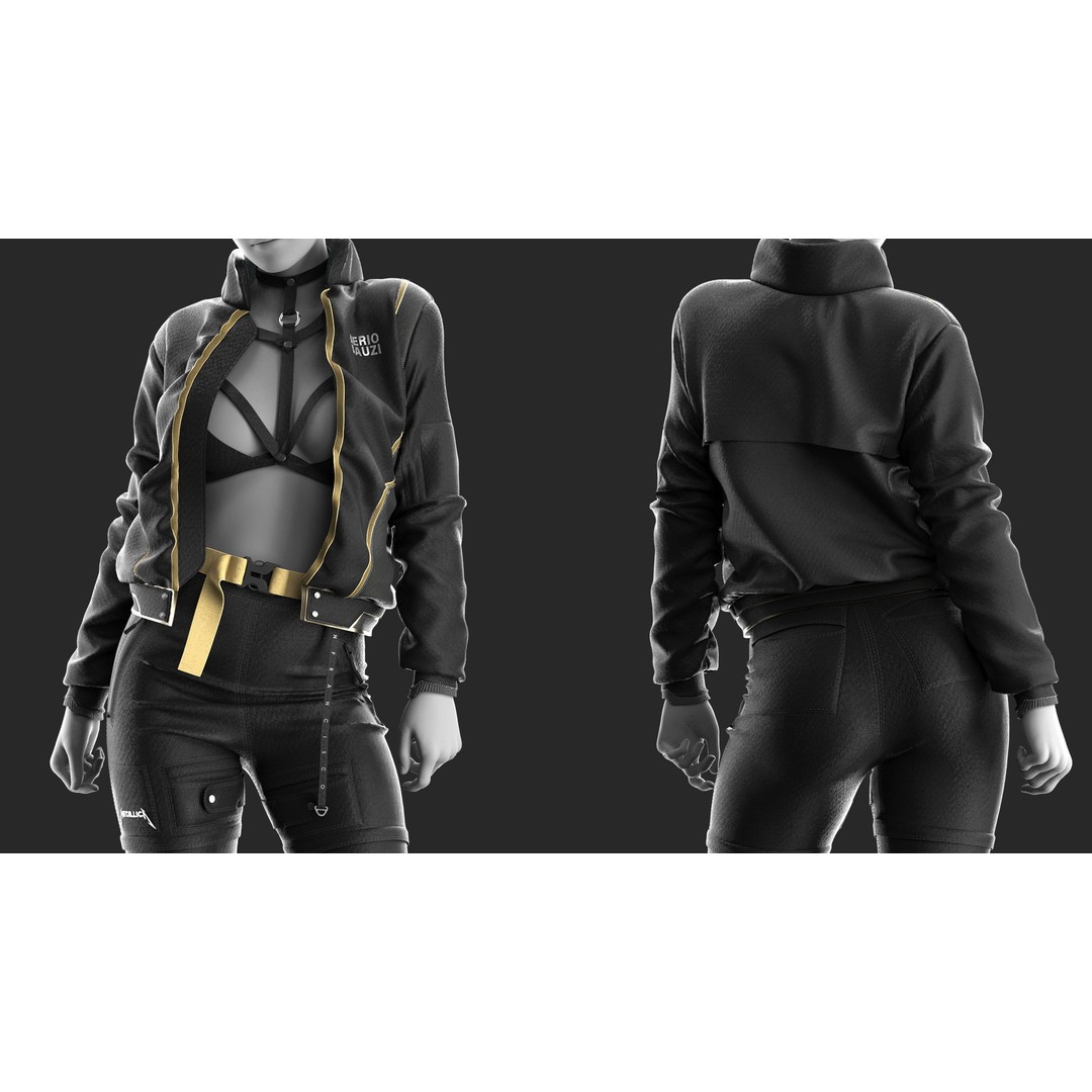 Girls Outfit 3D Model – Tactical Leather Jacket & Pants, FBX, PBR - View 3