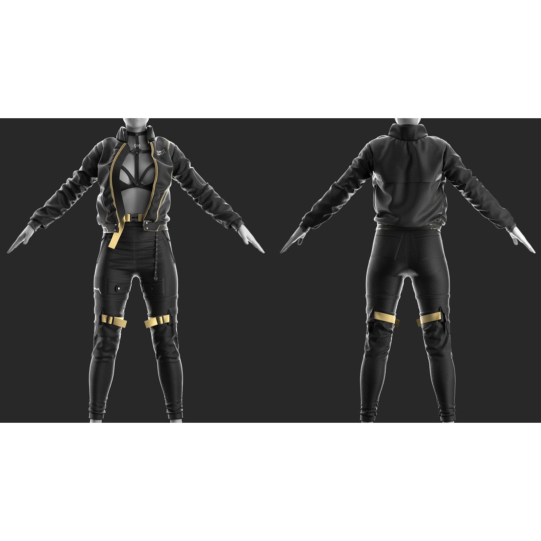 Girls Outfit 3D Model – Tactical Leather Jacket & Pants, FBX, PBR - View 4