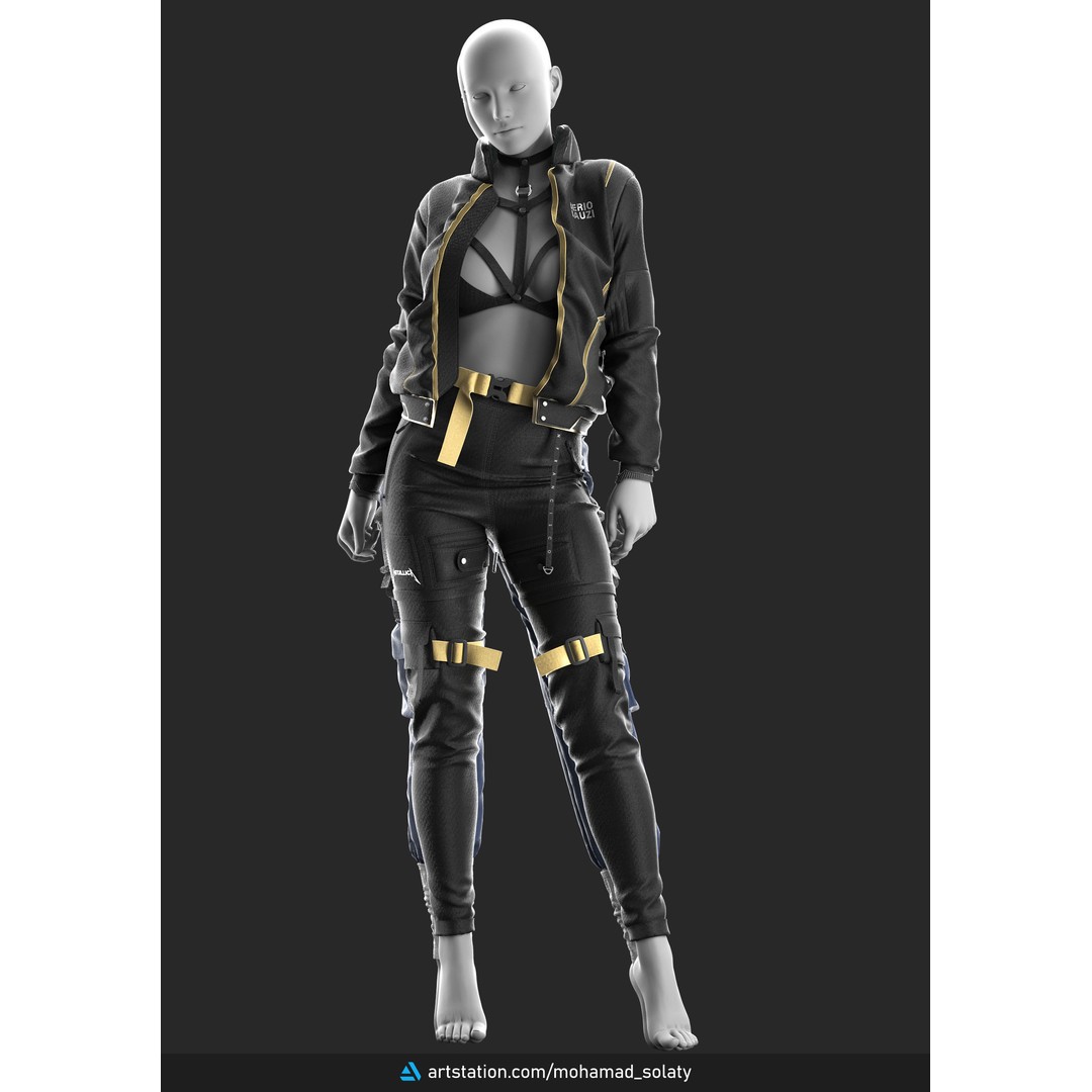 Girls Outfit 3D Model – Tactical Leather Jacket & Pants, FBX, PBR - View 5