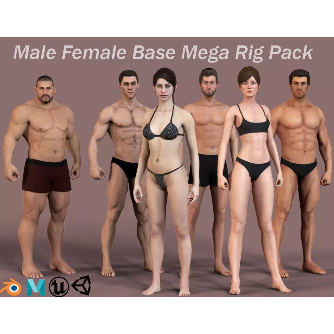 Male Female Base Mega Pack 3D Model – Low Poly Rigged Characters, FBX - View 2