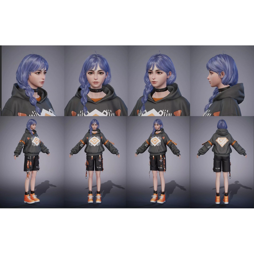 Techwear Girl 3D Model – Low Poly Rigged Character for Games - View 2