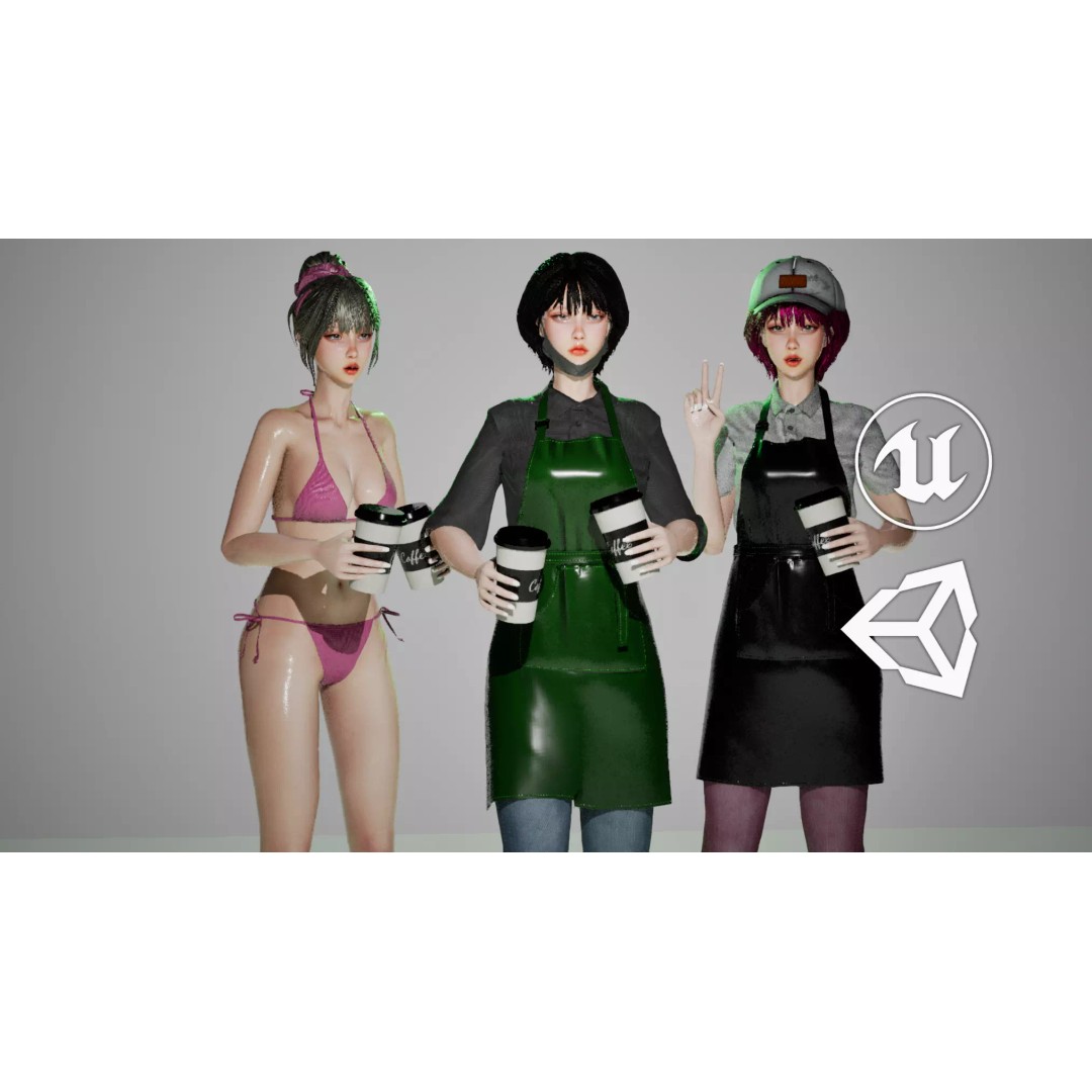 Barista Girl 3D Model – Low Poly Game Ready Character, FBX - View 2