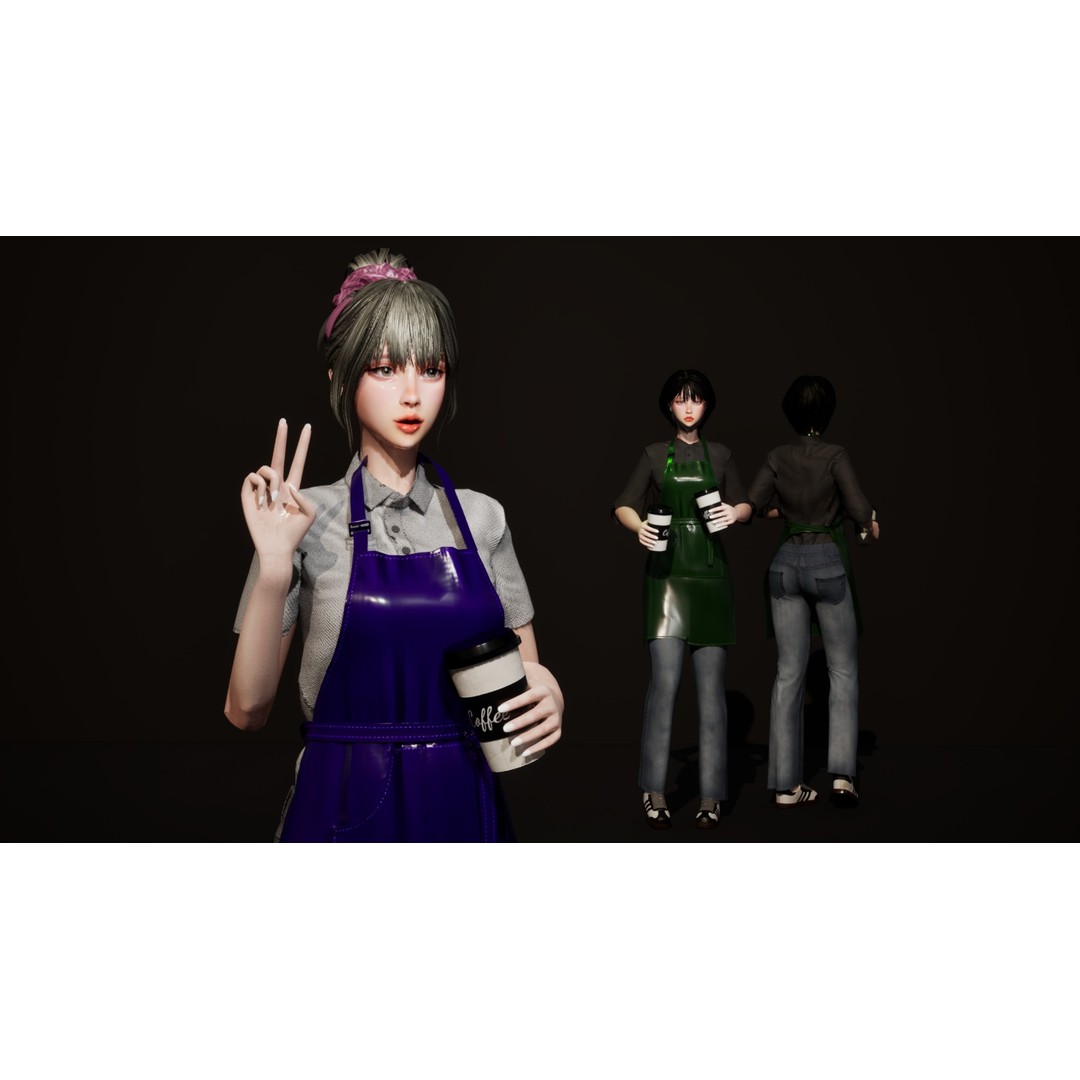 Barista Girl 3D Model – Low Poly Game Ready Character, FBX - View 3