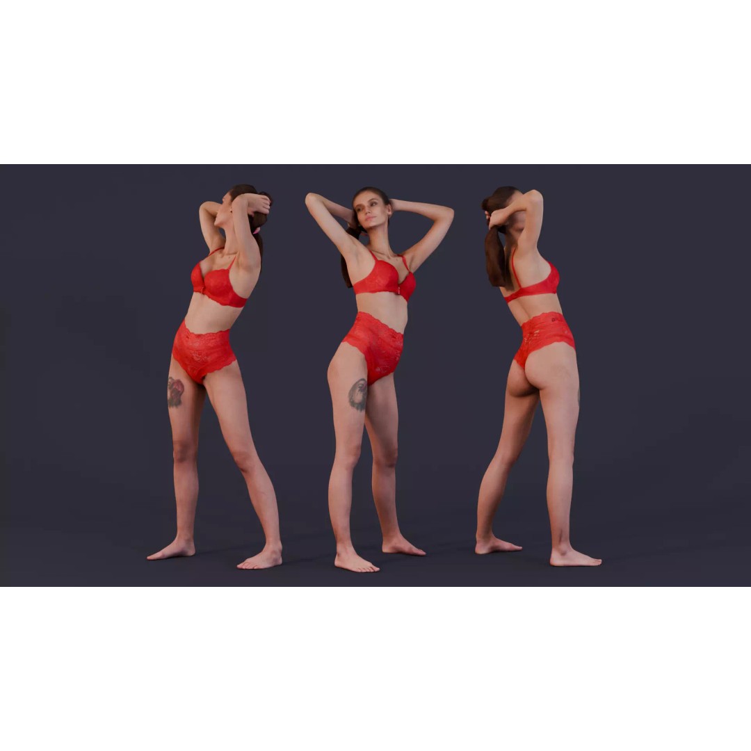 Elegant Woman 3D Model – Red Lace Lingerie, PBR Textures