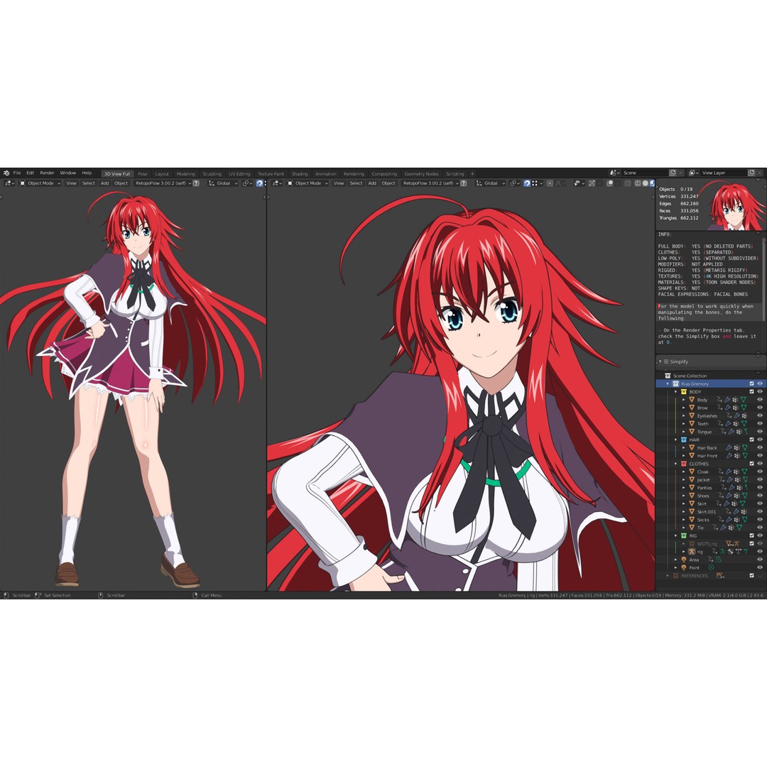 Rias Gremory 3D Model – Rigged Anime Character for Blender - View 12